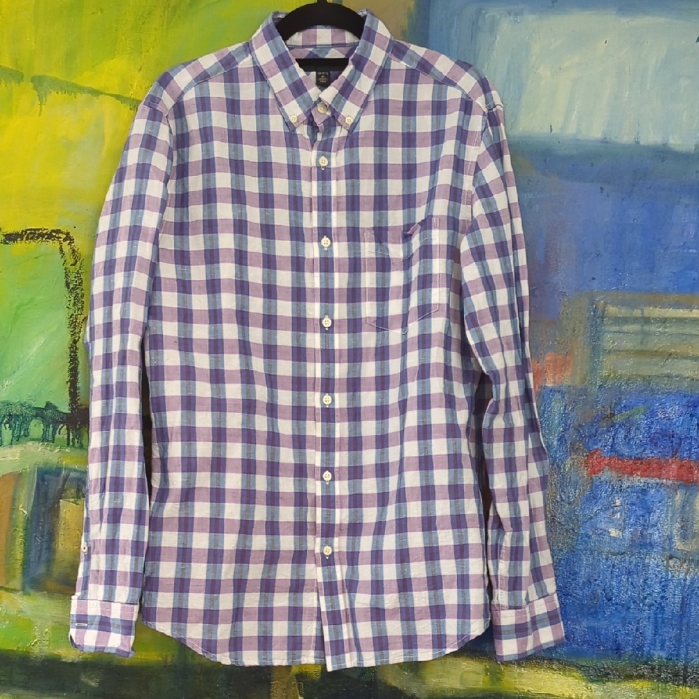 Banana Republic Men's Plaid Lenon Cotton Blend Button Up Shirt- Medium